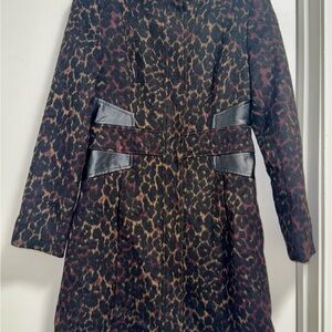 Via Spiga Leopard Print Wool Coat with Black Details